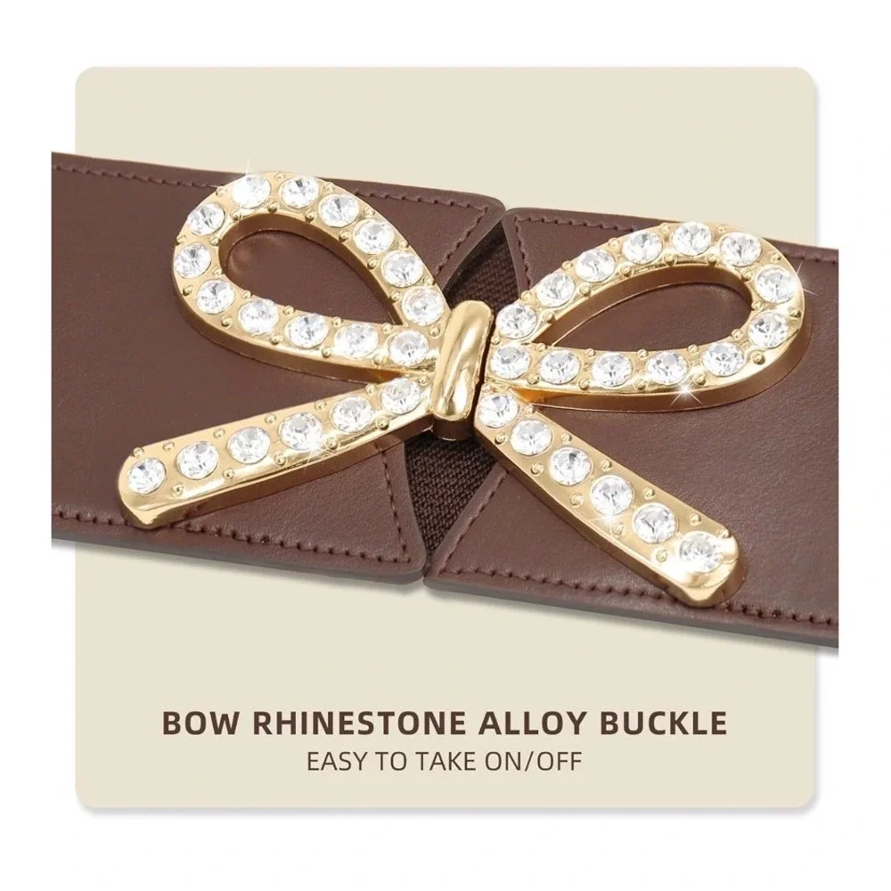 Brown Wide Elastic Cinch Belt Gold Rhinestone Bow Buckle Faux Leather Accent